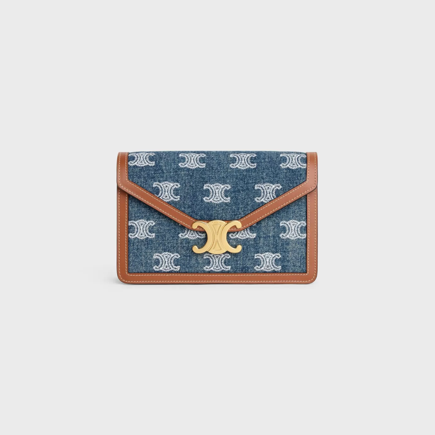 Outlet CELINE WALLET ON CHAIN MARGO in DENIM WITH TRIOMPHE ALL-OVER EMBROIDERY AND CALFSKIN NAVY/TAN