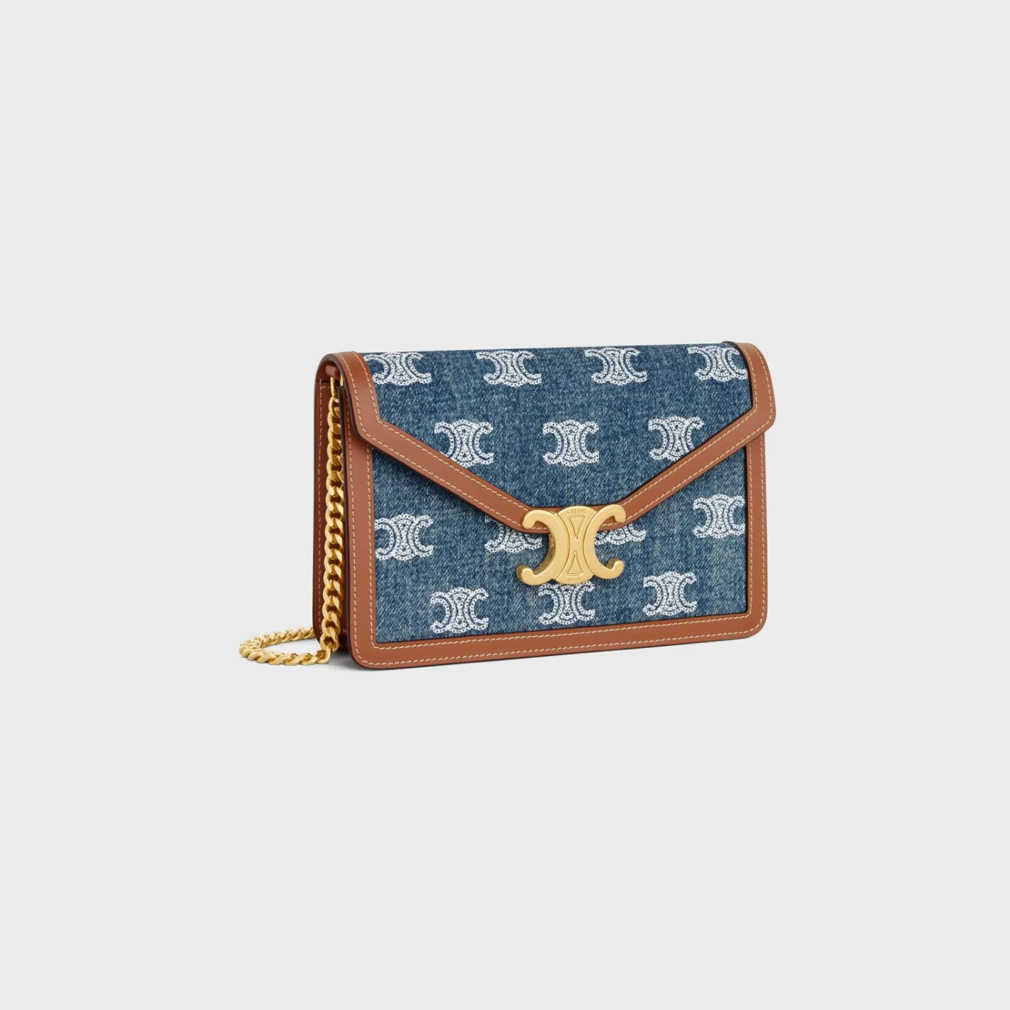 Outlet CELINE WALLET ON CHAIN MARGO in DENIM WITH TRIOMPHE ALL-OVER EMBROIDERY AND CALFSKIN NAVY/TAN