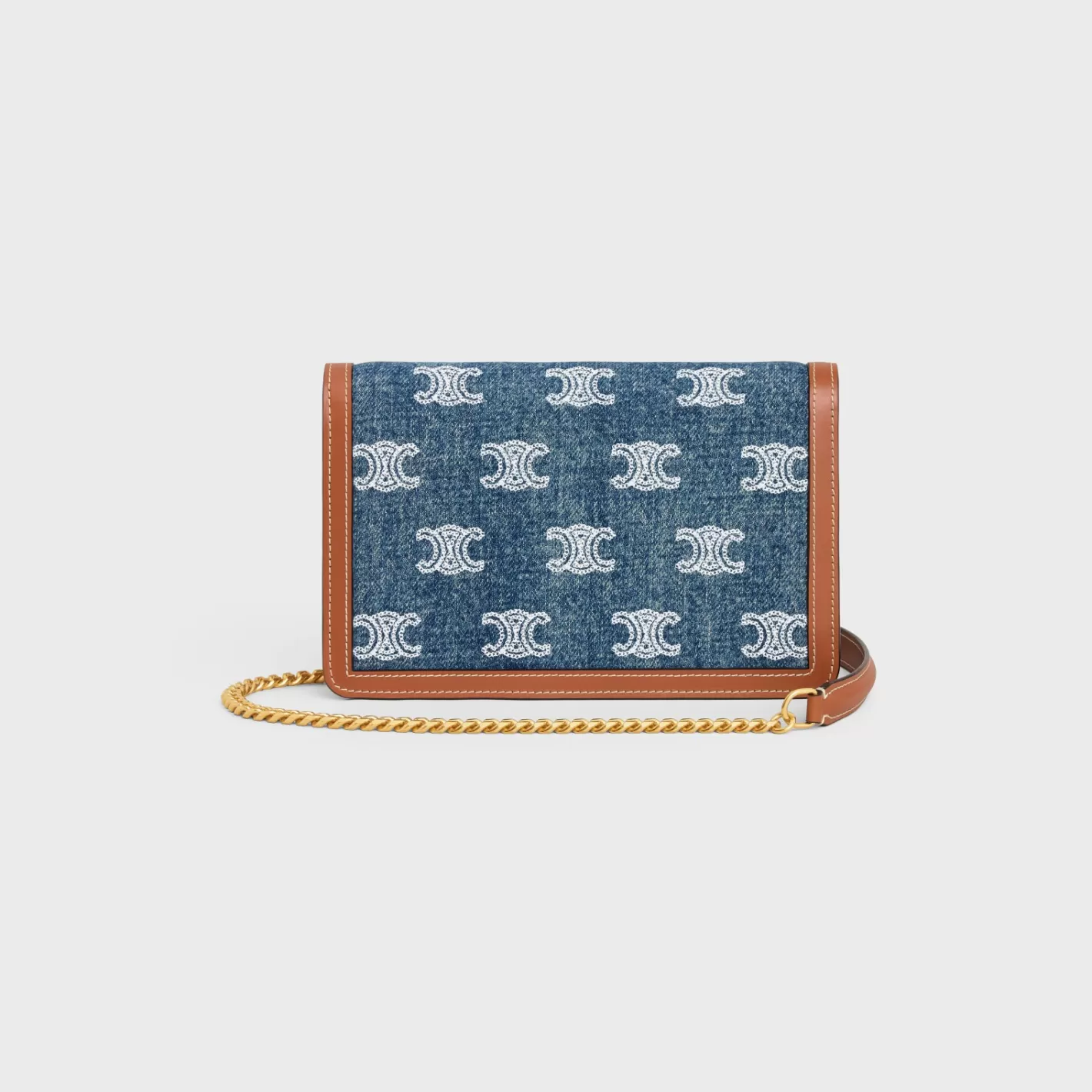 Outlet CELINE WALLET ON CHAIN MARGO in DENIM WITH TRIOMPHE ALL-OVER EMBROIDERY AND CALFSKIN NAVY/TAN
