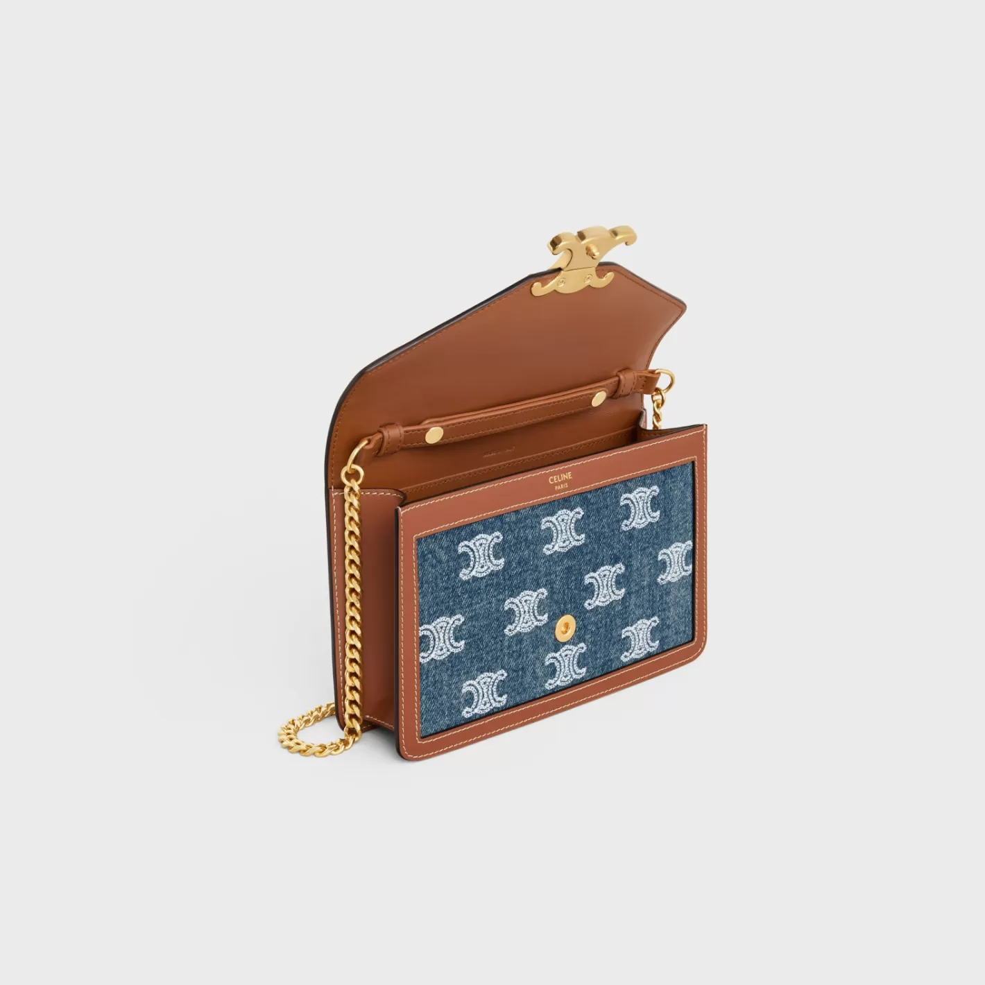 Outlet CELINE WALLET ON CHAIN MARGO in DENIM WITH TRIOMPHE ALL-OVER EMBROIDERY AND CALFSKIN NAVY/TAN