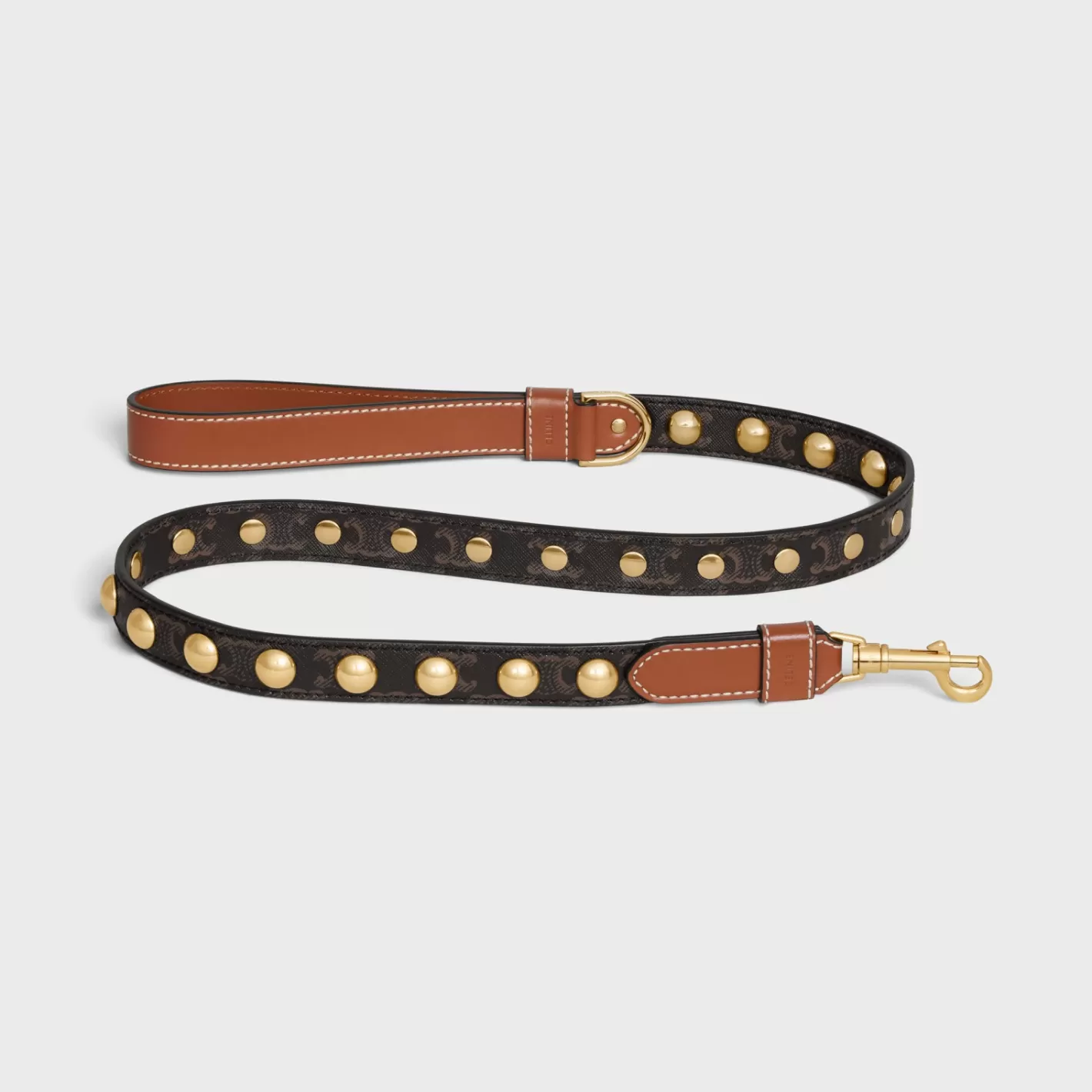 Fashion CELINE Wide Dog Leash in Triomphe Canvas and Calfskin with Studs TAN