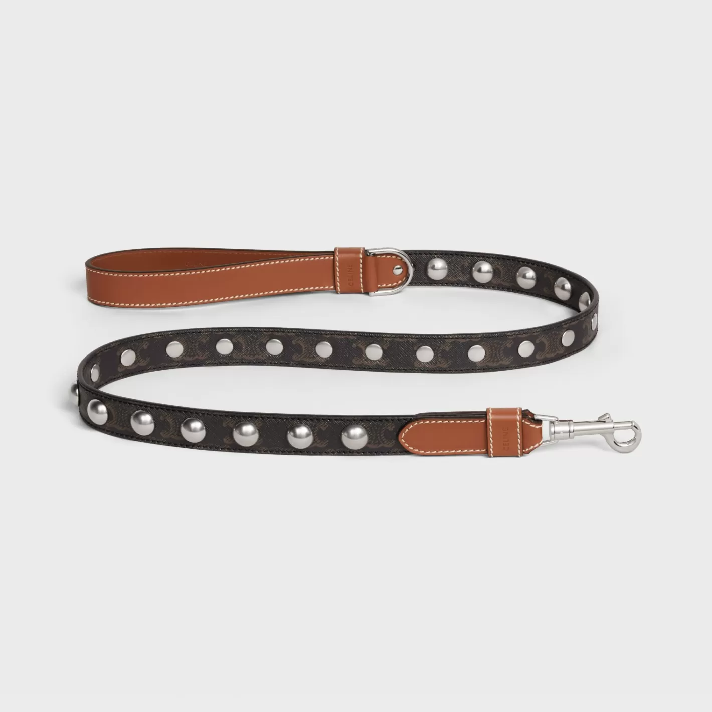 New CELINE Wide Dog Leash in Triomphe Canvas and Calfskin with Studs TAN