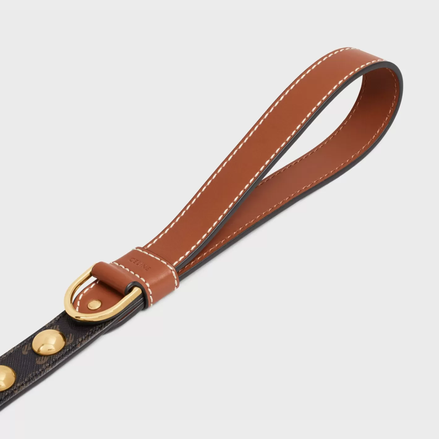 Fashion CELINE Wide Dog Leash in Triomphe Canvas and Calfskin with Studs TAN