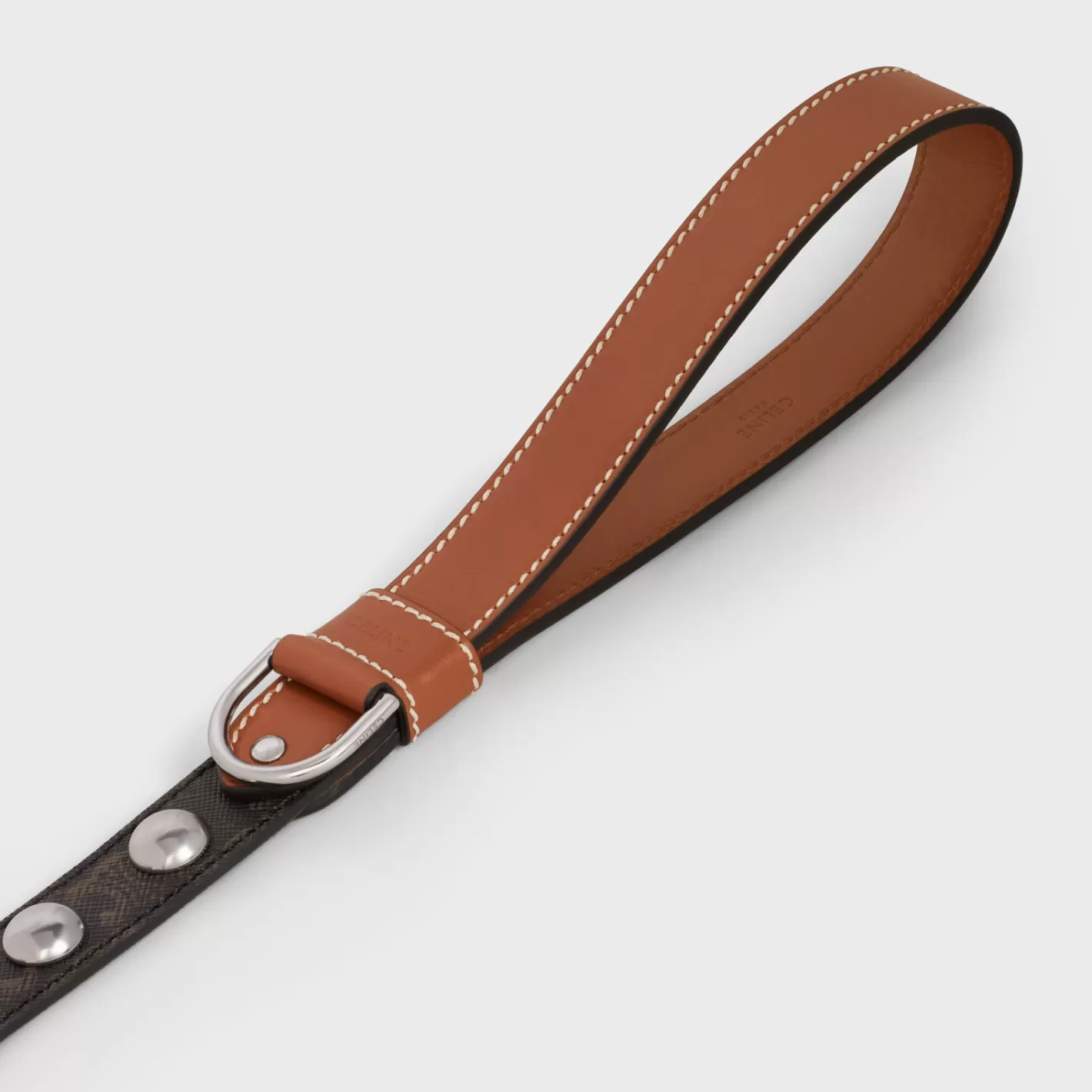 New CELINE Wide Dog Leash in Triomphe Canvas and Calfskin with Studs TAN