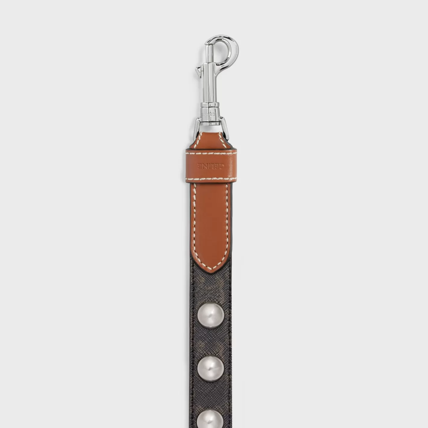 New CELINE Wide Dog Leash in Triomphe Canvas and Calfskin with Studs TAN