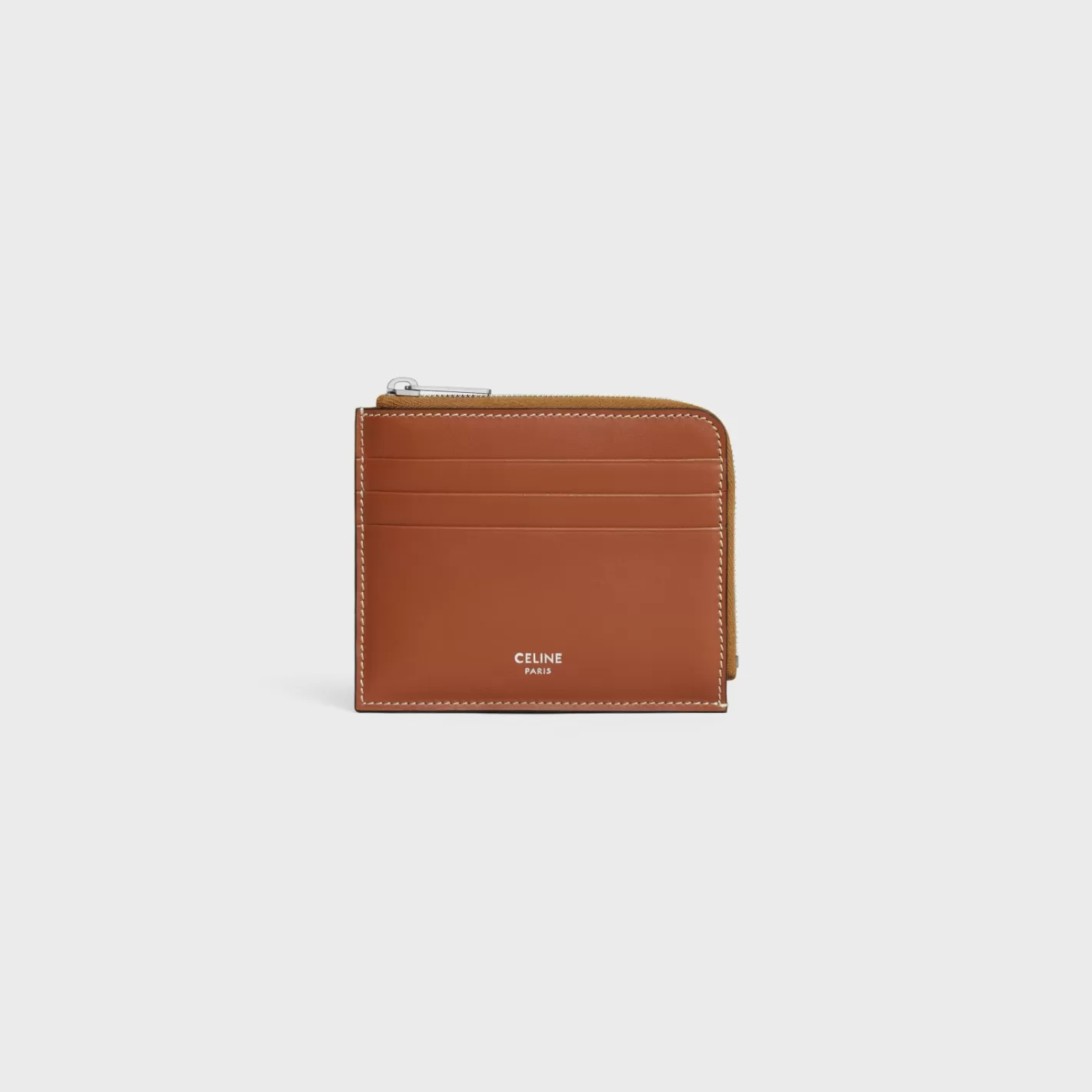 Cheap CELINE zipped card holder with purse in Triomphe Canvas and Calfskin TAN