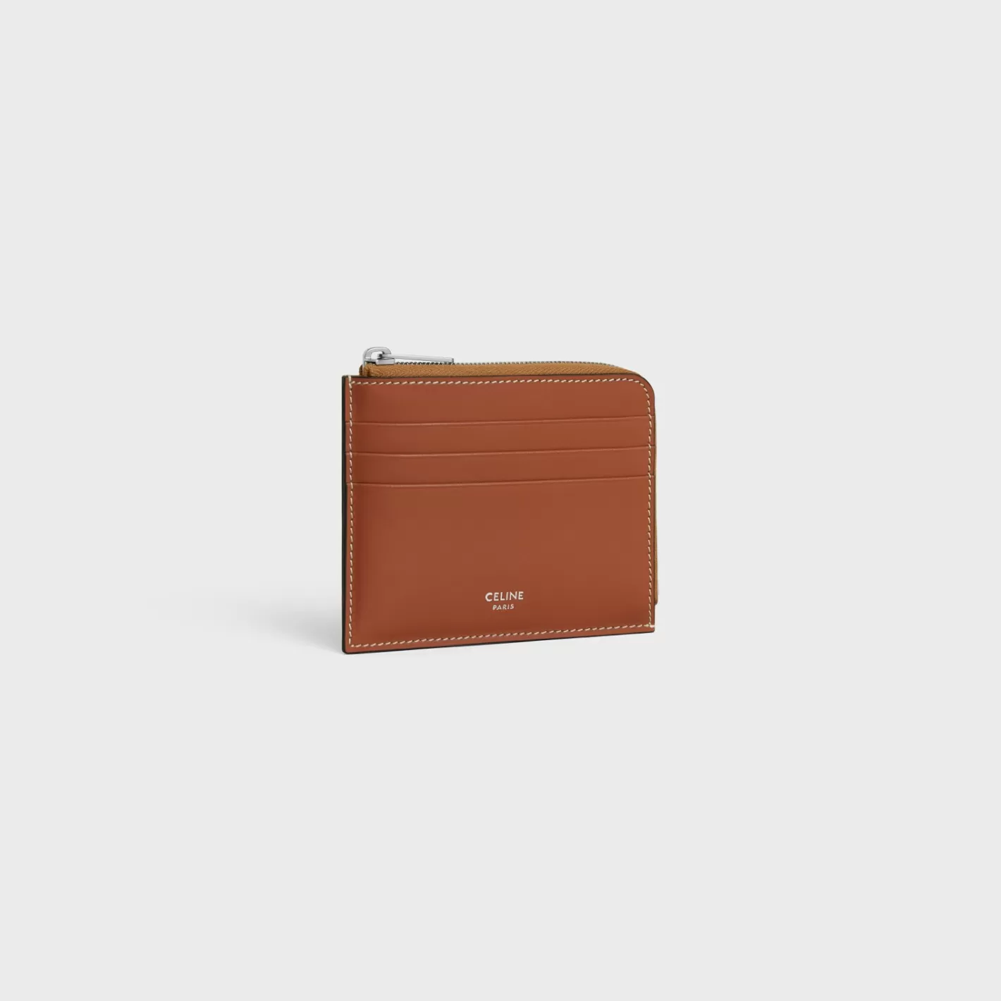 Cheap CELINE zipped card holder with purse in Triomphe Canvas and Calfskin TAN