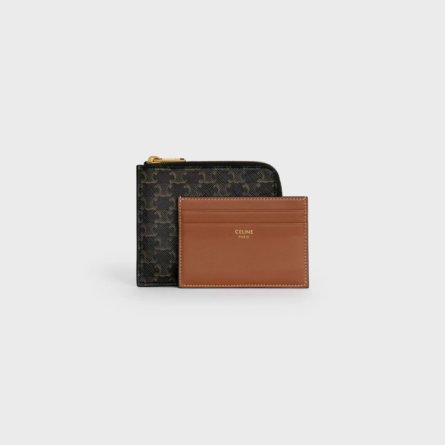 Online CELINE Zipped Purse with removable card holder in Triomphe Canvas and Lambskin Tan